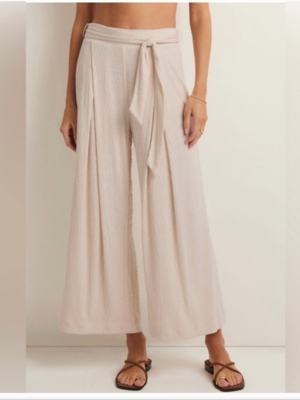 Z Supply Wide-Leg Tie-Waist Knit Waffle Blend Pants - Cream